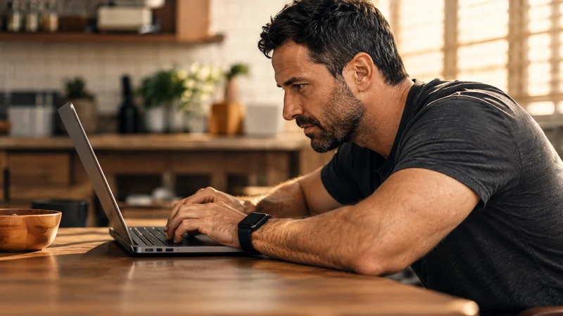 Dad using a laptop at a kitchen counter