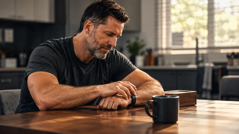 Dad checking his smartwatch at the kitchen table